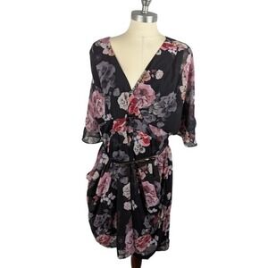 City Chic French Bouquet Wrap Dress Belted Mini Black Pink Floral Size M/18W